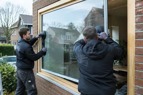 Twee glaszetters plaatsen een grote ruit